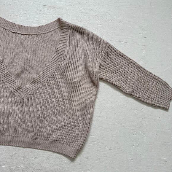 Beige Oversized V Neck Knit Sweater, Size Large XL - Picture 3 of 6